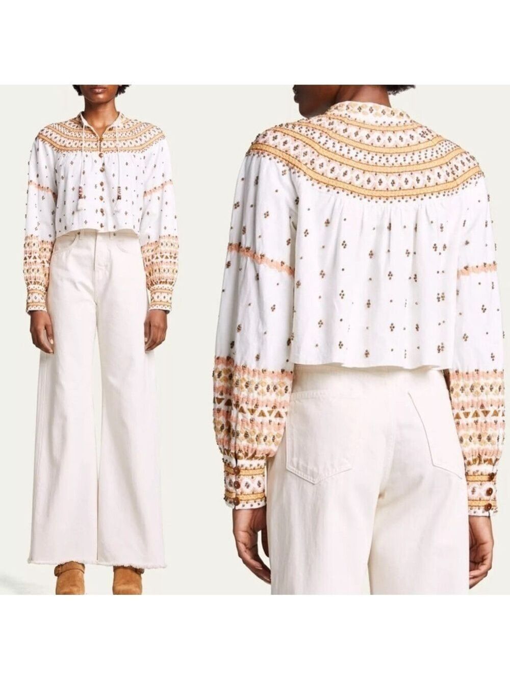 Veronica Beard Fernanda Embellished Beaded Linen Blend Crop Jacket Sz L